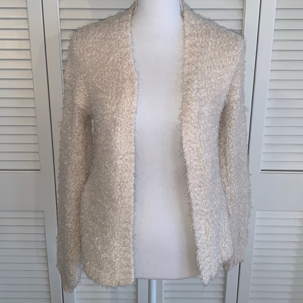 Ecote Women’s Ivory Cream Fuzzy Open Front Cardigan w/ Side Pockets Size Small